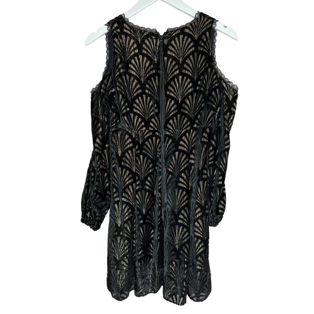 Alice + Olivia Arla Cold Shoulder Black and Gold Fit and Flare Mini Dress Size 2 - Picture 9 of 12